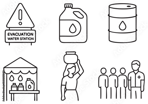 Minimalist Outline Icons of Emergency Water Supply in Conflict Zones – Monochrome Vector Set