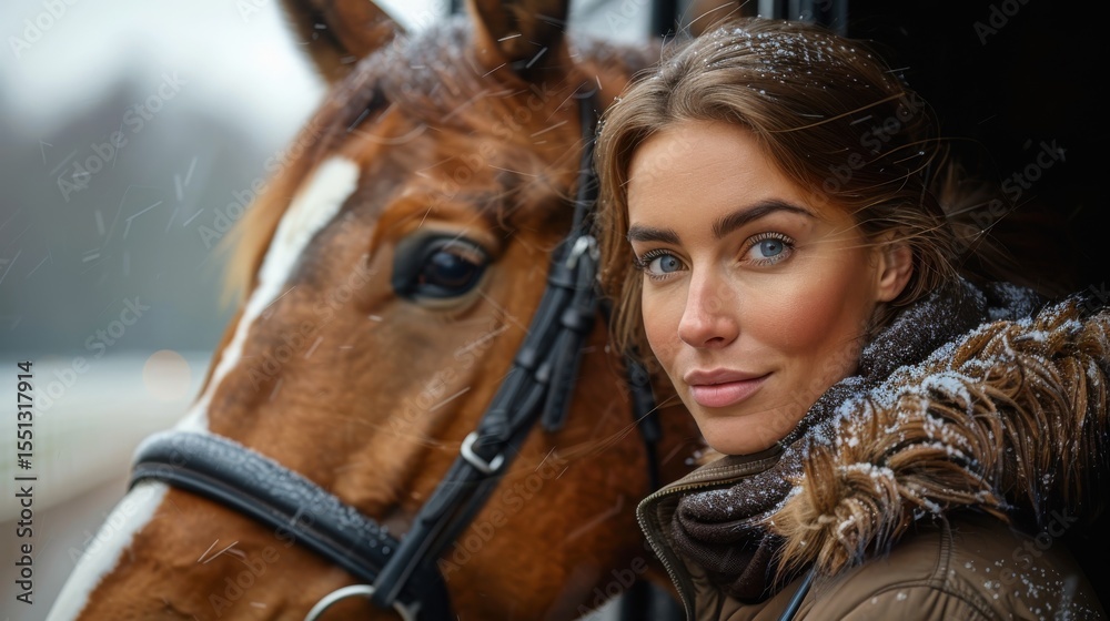 Obraz premium A woman poses closely with her horse amidst falling snow in a tranquil winter scene, reflecting the bond between humans and animals in a beautiful, serene environment.