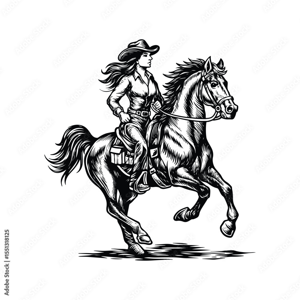 Obraz premium Cowgirl Riding Horse, Western Rodeo Illustration, Vintage Wild West Vector, Female Cowboy Art