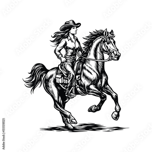 Cowgirl Riding Horse, Western Rodeo Illustration, Vintage Wild West Vector, Female Cowboy Art