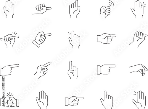 A collection of twenty minimalist hand gesture icons, perfect for websites, apps, or presentations. Each icon is presented in a clean, vector format ensuring crisp scalability for any project.