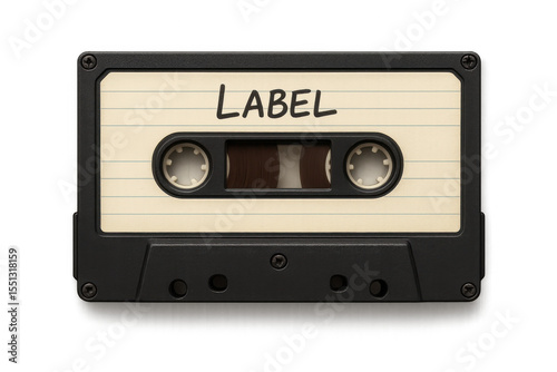 Black vintage audio cassette tape with empty label and transparent background, ideal for music and retro concepts
