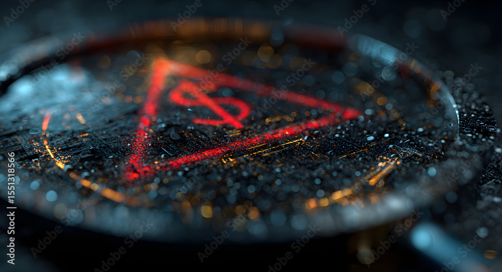 Obraz premium Magnifying glass over digital dollar symbol, red warning triangle in background, gradient from charcoal to orange