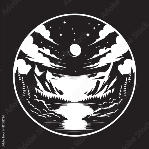 black and white daytime landscape background, editable vector image