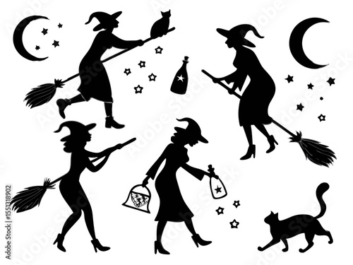 Halloween Witches Silhouettes Flying on Brooms with Cats Moon and Stars