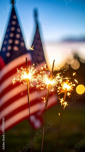 Vertical close-up of sparklers glowing at twilight, with blurry American flags in the background and soft festive bokeh