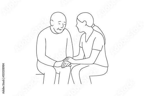 Senior Sitting with Helper continuous one line drawing minimalism design