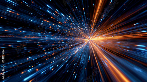 Abstract visual of high-speed broadband connectivity, showcasing a dynamic tunnel of blue and orange lights, representing the rapid flow of data and advanced digital ...
