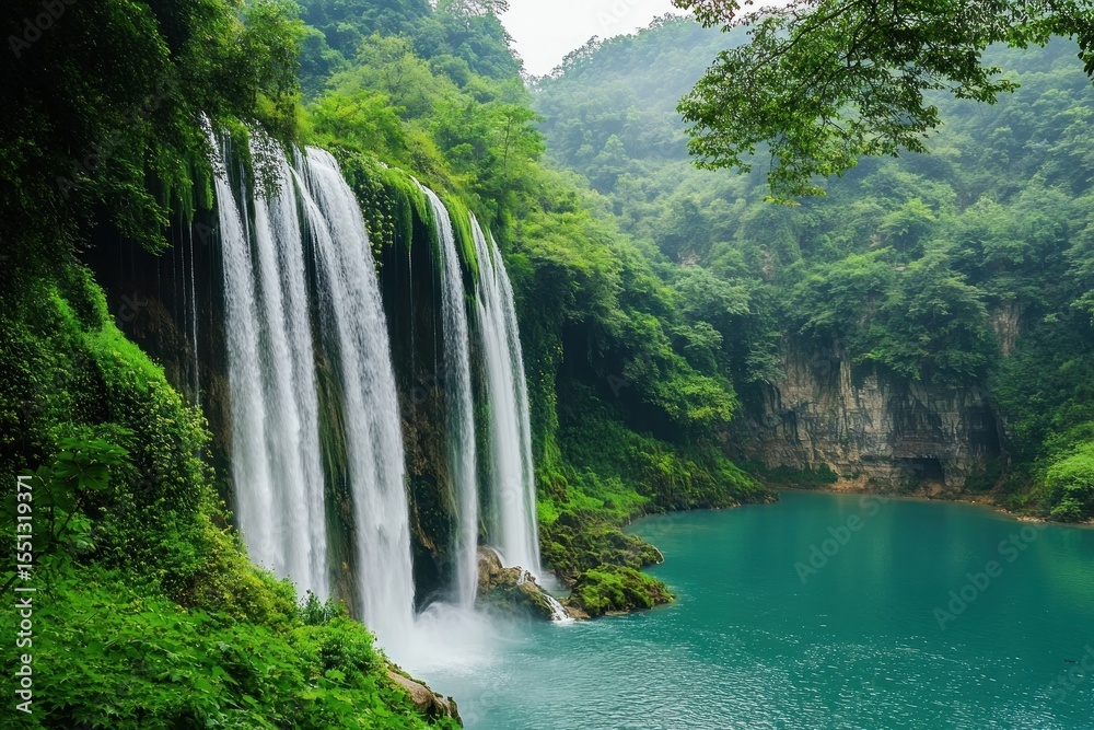 Fototapeta premium Majestic Waterfall Cascading into a Serene Emerald Lake