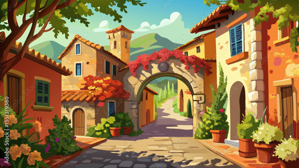 Fototapeta premium create a high res painted image of a cute tuscan town with arch over a cobbled street and some bougainvillea plants 