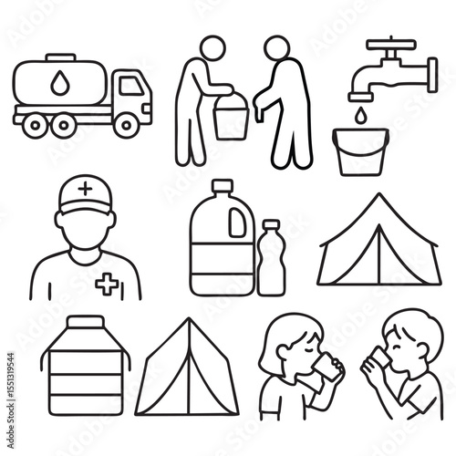 Black and White Outline Icons of Clean Water Distribution in Refugee Camps - Minimal Line Art Humanitarian Aid Set