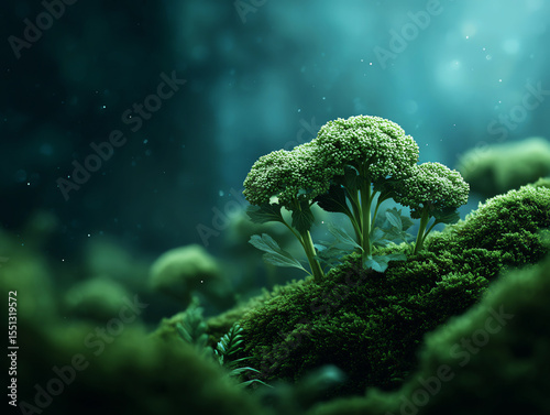 Green broccoli on moss terrain with dreamy bokeh, nature fantasy, soft light, tranquil mood, forest environment