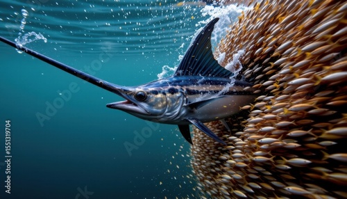 Close-up underwater photograph of a marlin fish with long bill and dorsal fin swimming among a school of small fish in clear ocean water