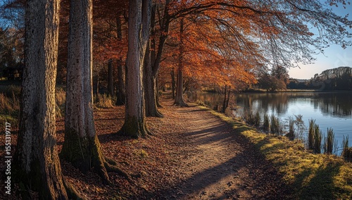 Autumnal Lakeside Path: A Serene Walk Through Golden Trees