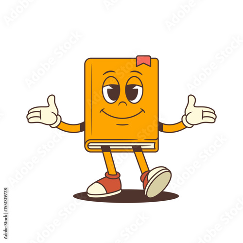Happy yellow cartoon book mascot with red shoes and bookmark spreading arms in open welcoming gesture with joyful facial expression. Perfect for education and reading themes. Vector illustration
