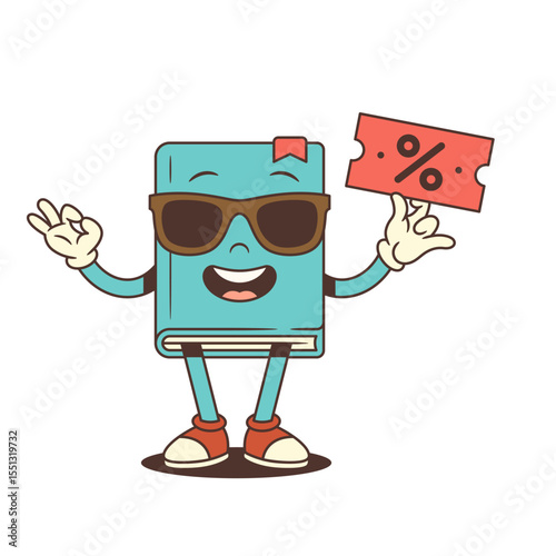 Cheerful blue cartoon book character in sunglasses holding a red discount coupon with percent symbol while showing an OK hand gesture. Fun and creative style. Vector illustration