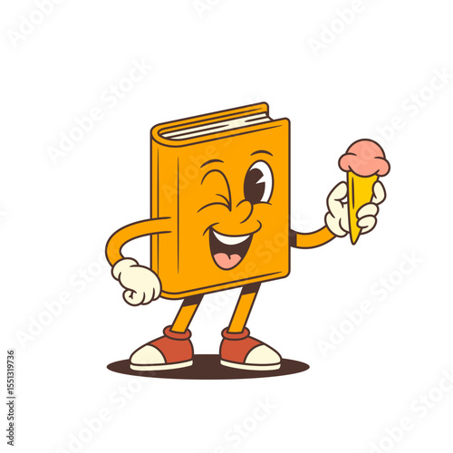 Funny orange cartoon book mascot character holding pink ice cream cone and winking with joyful expression. Playful concept for education and fun projects. Cute vector illustration