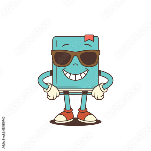 Blue book mascot wearing red sunglasses confidently stands with hands on hips and a wide smile. Ideal for educational, reading and fun projects needing cool and playful character. Vector illustration
