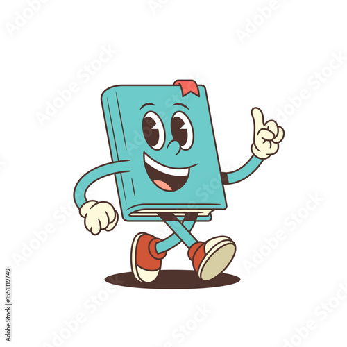 Blue cartoon book mascot cheerfully walking while showing thumbs up gesture with an excited facial expression. Perfect for education, reading, and knowledge projects. Vector illustration
