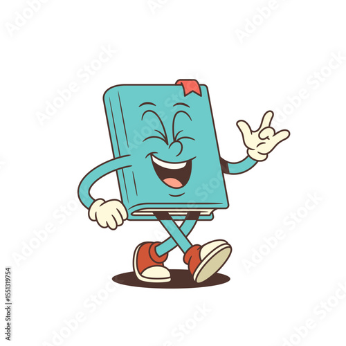 Cheerful blue cartoon book mascot joyfully laughing with closed eyes while walking and showing ILY hand gesture. Perfect for educational and emotional themed content. Isolated vector illustration