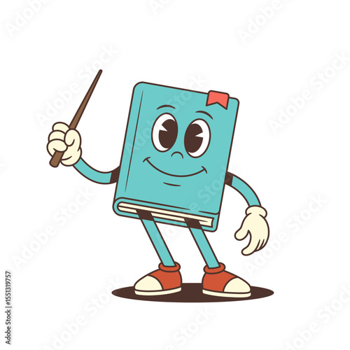 Happy blue cartoon book character with a cheerful face holding a pointer stick and standing in a teaching or explaining pose. Suitable for education and knowledge concepts. Vector illustration