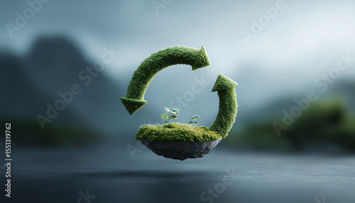 Green circular arrows moss floating rock small plant nature sustainability eco friendly growth environmental concept