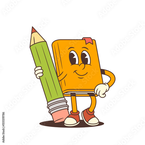 Cheerful orange cartoon book mascot character standing beside a large green pencil with friendly smile and positive attitude. Colorful educational and creative concept. Isolated. Vector illustration