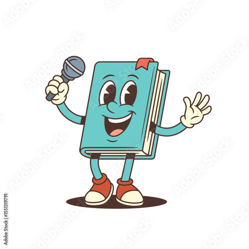 Joyful cartoon book mascot smiling with open arms in a welcoming gesture while holding a microphone. Ideal for educational, media or entertainment-themed design projects. Isolated vector illustration