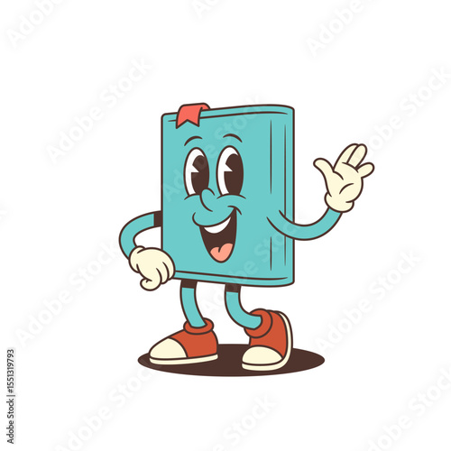 Funny blue cartoon book mascot smiling cheerfully and waving hand in a welcoming gesture. Friendly and expressive character design with joyful emotion. Isolated on white. Vector illustration