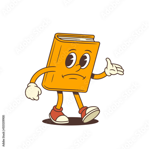 Orange cartoon book mascot with sad and disappointed face shrugging hands to express failure, confusion, or helplessness in educational or learning contexts. Vector illustration