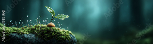Moss mushroom dew leaf forest nature moisture green growth serene closeup of vibrant moss surface on rock