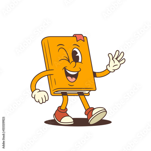 Bright orange cartoon book mascot walking with playful wink and waving hand gesture. Friendly educational character with joyful energy and comic style. Vector illustration
