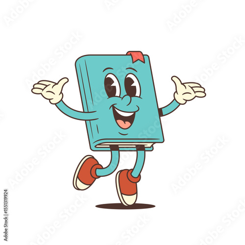 Happy blue cartoon book mascot with red bookmark and sneakers jumping with open arms in joyful friendly gesture. Perfect for educational and fun designs. Vector illustration