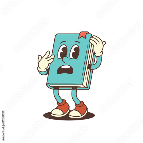 Frightened cartoon blue book mascot standing with open mouth and hands on head expressing shock or panic. Ideal for emotional or educational designs. Vector illustration