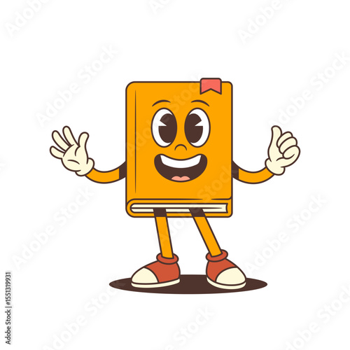 Orange cartoon book mascot looking straight ahead with a joyful expression and thumbs up gesture, symbolizing positivity and encouragement in learning and education materials. Vector illustration