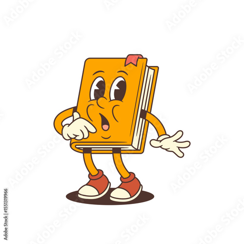 Funny orange cartoon book character standing with wide open mouth and scared facial expression. Bright emotional mascot ideal for educational or comic designs. Colorful vector illustration