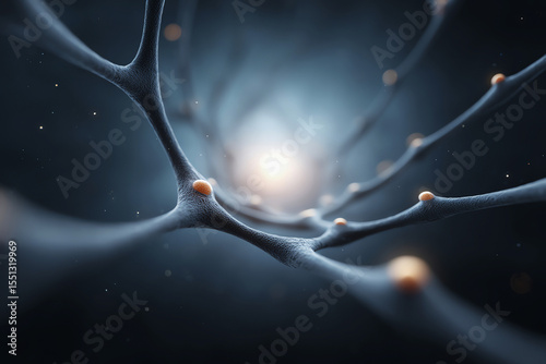 Neural network structure abstract blue background glowing nodes science technology connection futuristic depth energy