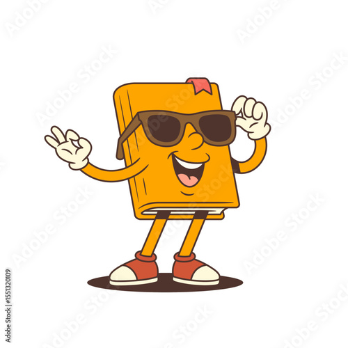 Stylish orange book mascot in sunglasses showing confident OK gesture. Fun and educational concept with comic charm and cheerful attitude. Perfect for creative projects. Colorful vector illustration