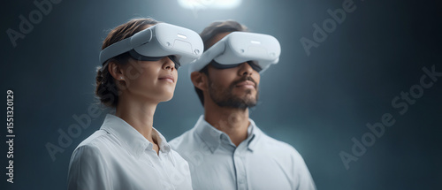 Two professionals, woman and man, wearing white mixed reality headsets, standing together in futuristic office, focused and inspired