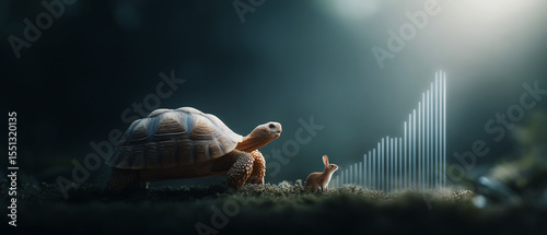 Tortoise and hare racing on mossy ground, sunlight, business growth chart, determination, motivation forest background