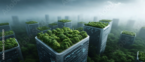 Green rooftop buildings, sustainable cityscape, eco friendly architecture, urban forest environmental innovation