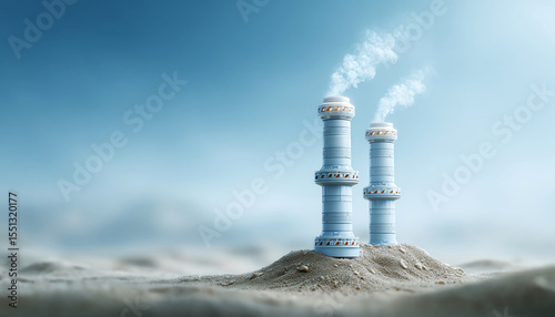 Futuristic carbon capture machine industrial tower clean energy blue sky sand technology innovation environmental solution
