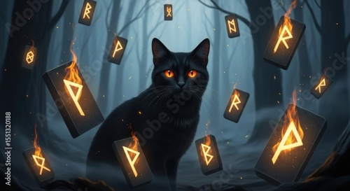 Mysterious Black Cat Surrounded by Burning Runes in an Enchanted Forest