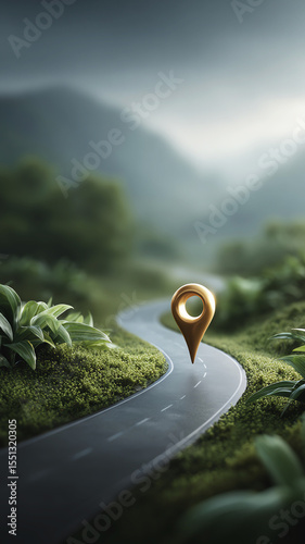 Glowing gold location pin winding road countryside green landscape misty mountain travel navigation serene nature adventure