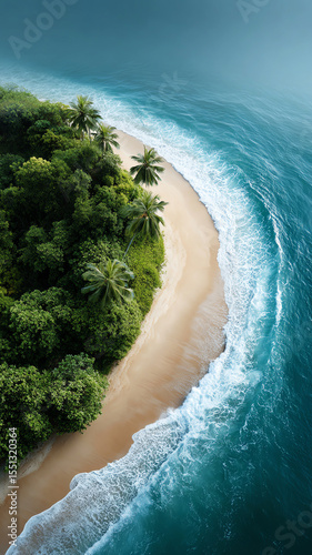 Tropical island blue sea sandy beach lush forest palm tree coastline unspoiled nature aerial view serene summer