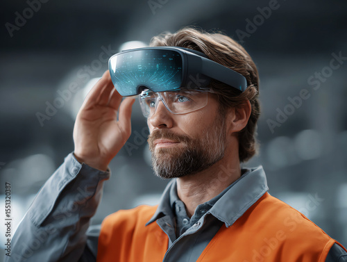Man wearing augmented reality headset, safety glasses and orange vest in industrial environment, focused and innovative expression