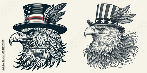 Bald Eagle with american flag overlay top hat Feathers ruffled. Independence Day 4th of July Patriotism Usa America Clipart Line Art Vector Illustration. Patriotic bird prey united states.