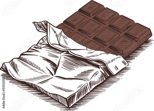 Vector Chocolate Bar: Unwrap Sweetness - Delicious Dessert Treat Engraving Style.
