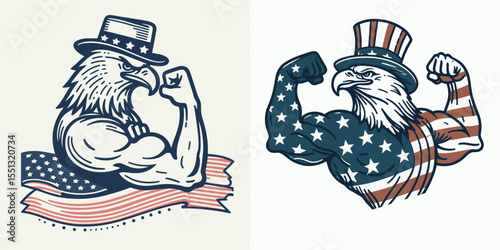 Bald Eagle with american flag overlay top hat flexing muscles. Independence Day 4th of July Patriotism Usa America Clipart Line Art Vector Illustration. Patriotic bird display stars.