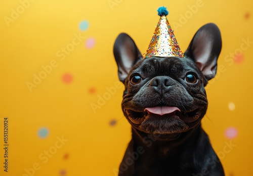 A happy black French bulldog wearing a colorful party hat against a bright yellow background with confetti dots.